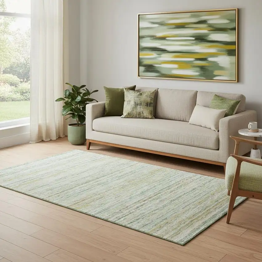 Mint Green Ivory And Gold Striped Washable Area Rug With UV Protection Photo 2