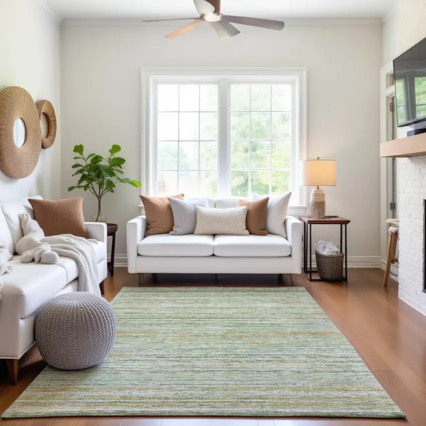 Mint Green Ivory And Gold Striped Washable Area Rug With UV Protection Photo 5