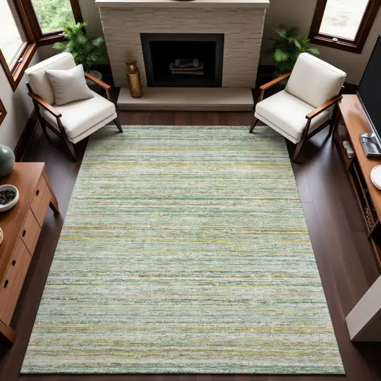 Mint Green Ivory And Gold Striped Washable Area Rug With UV Protection Photo 4