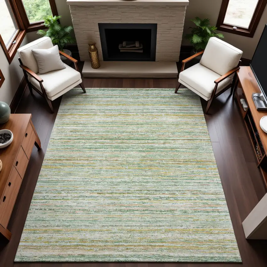 Mint Green Ivory And Gold Striped Washable Area Rug With UV Protection Photo 4
