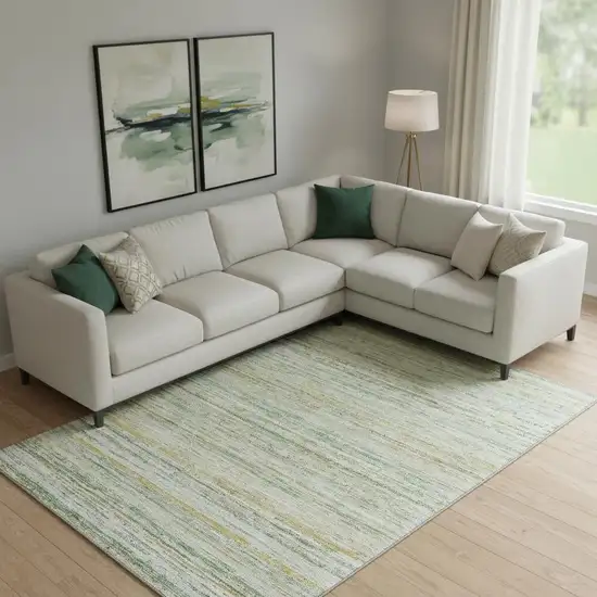 Mint Green Ivory And Gold Striped Washable Area Rug With UV Protection Photo 2