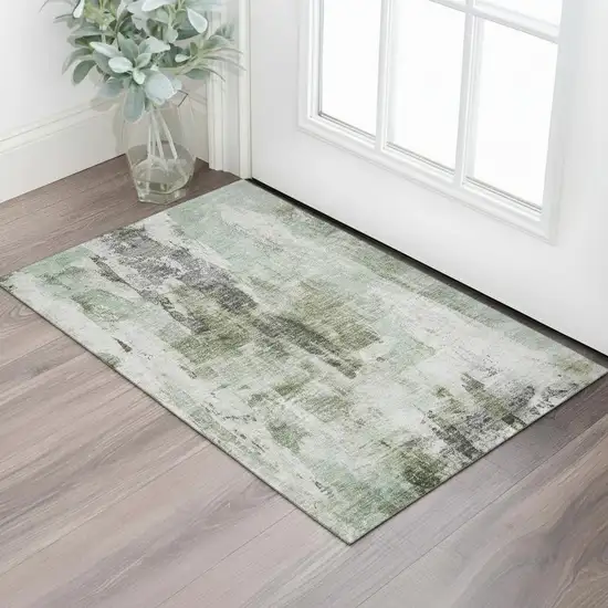 Mint Green Ivory And Gray Abstract Washable Area Rug With UV Protection Photo 2