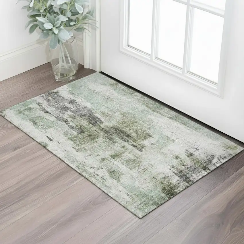 Mint Green Ivory And Gray Abstract Washable Area Rug With UV Protection Photo 2
