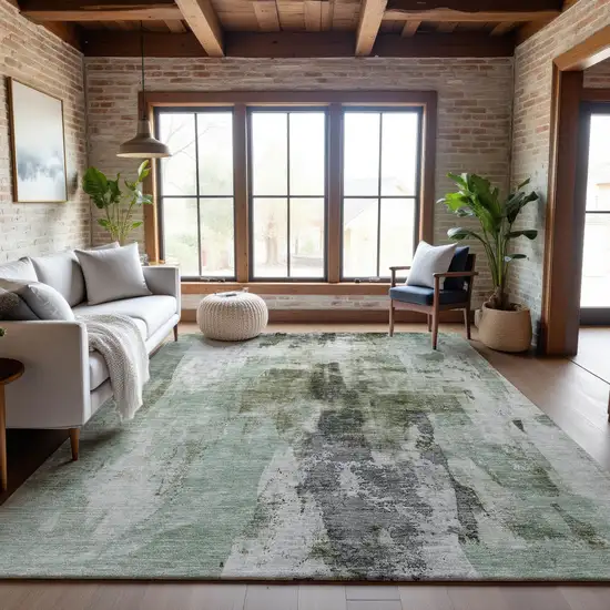 Mint Green Ivory And Gray Abstract Washable Area Rug With UV Protection Photo 4