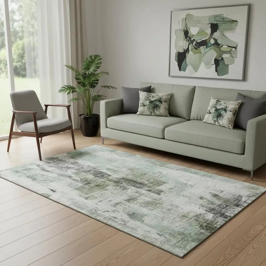Mint Green Ivory And Gray Abstract Washable Area Rug With UV Protection Photo 2