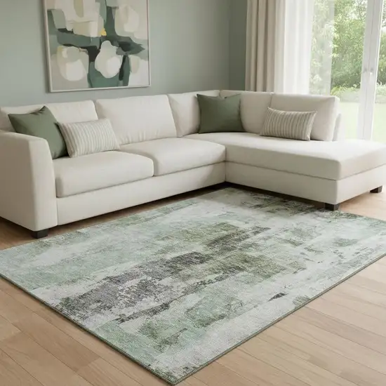 Mint Green Ivory And Gray Abstract Washable Area Rug With UV Protection Photo 2