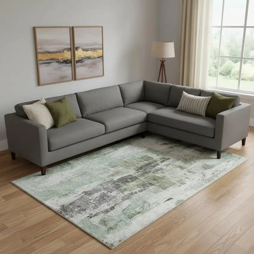 Mint Green Ivory And Gray Abstract Washable Area Rug With UV Protection Photo 2