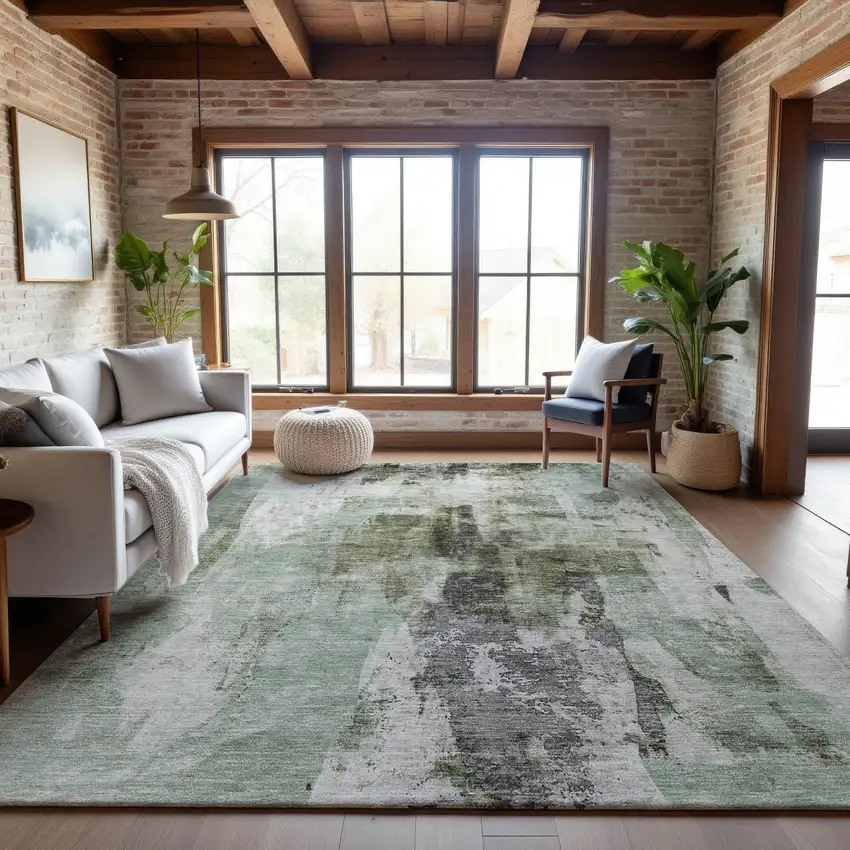 Mint Green Ivory And Gray Abstract Washable Area Rug With UV Protection Photo 4