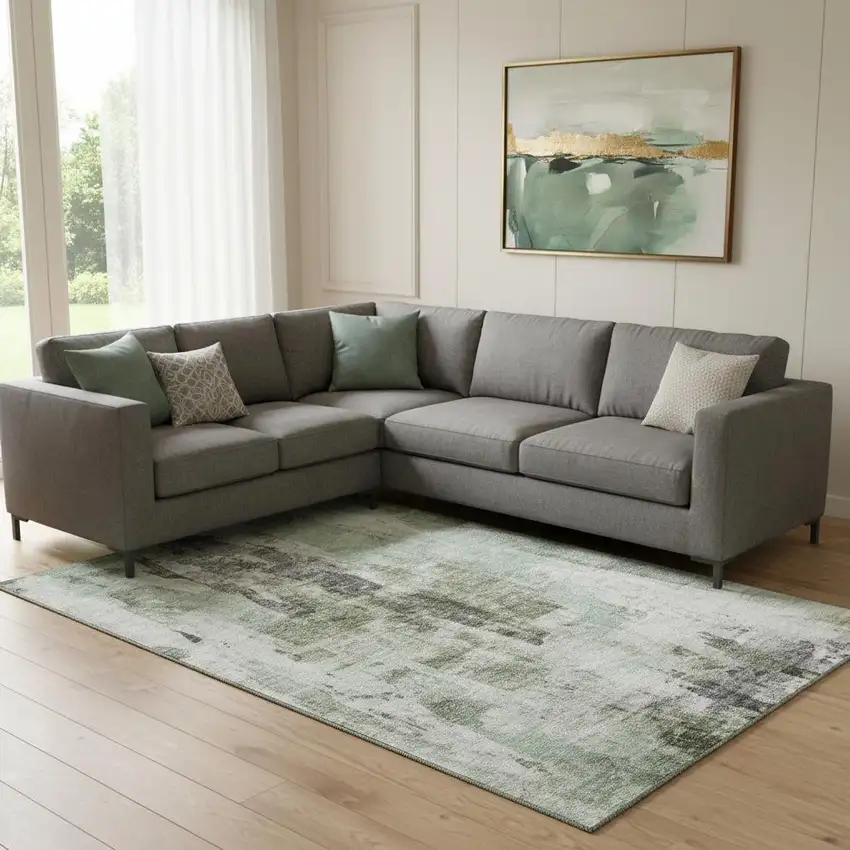 Mint Green Ivory And Gray Abstract Washable Area Rug With UV Protection Photo 2