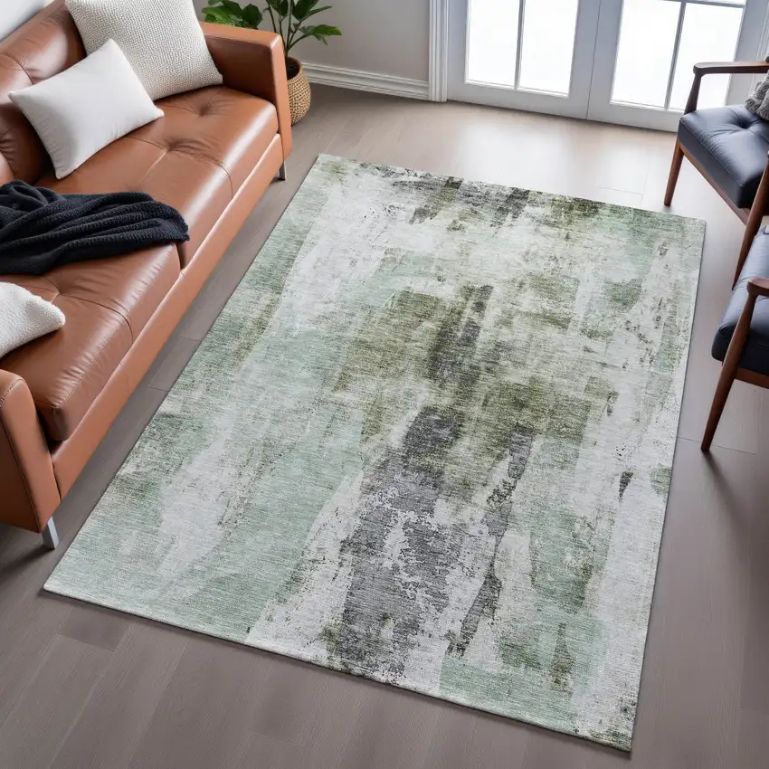 Mint Green Ivory And Gray Abstract Washable Area Rug With UV Protection Photo 5
