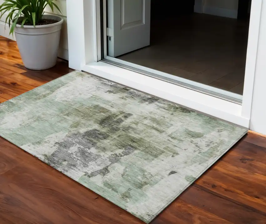 Mint Green Ivory And Gray Abstract Washable Indoor Outdoor Area Rug Photo 1