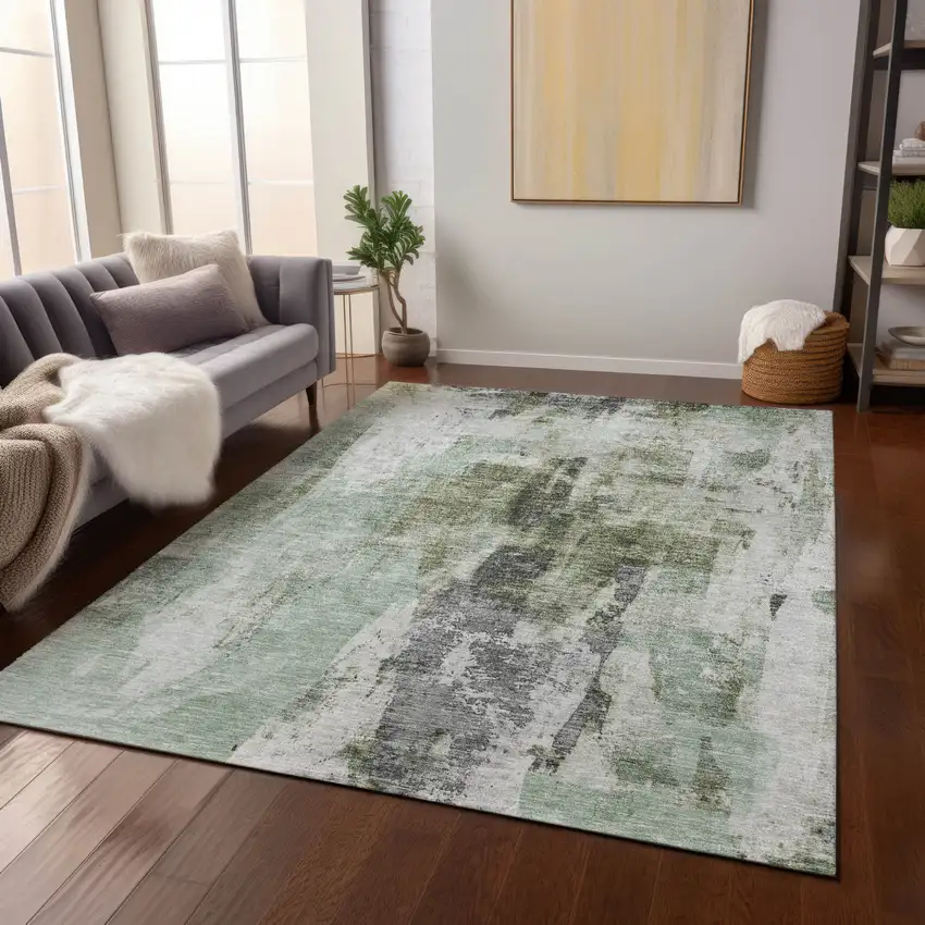 Mint Green Ivory And Gray Abstract Washable Indoor Outdoor Area Rug Photo 9