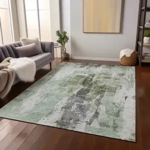 Photo of Mint Green Ivory And Gray Abstract Washable Indoor Outdoor Area Rug