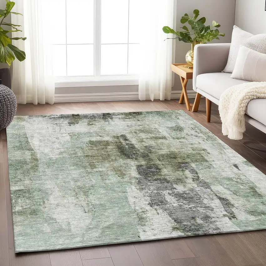 Mint Green Ivory And Gray Abstract Washable Indoor Outdoor Area Rug Photo 8