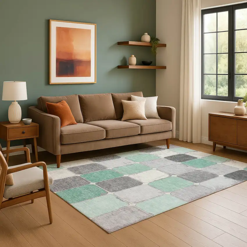 Mint Green Ivory And Gray Geometric Washable Area Rug With UV Protection Photo 6