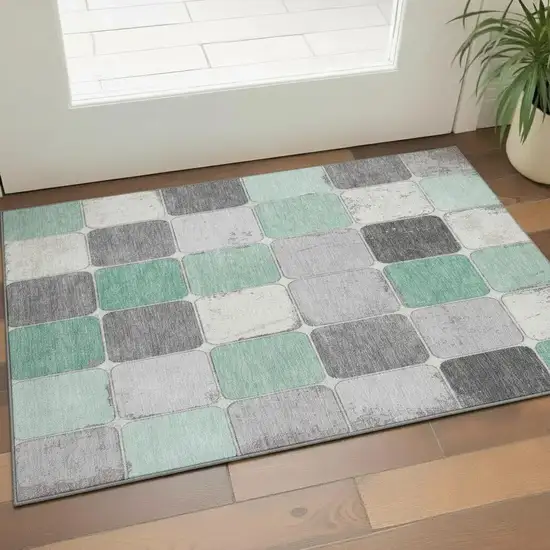 Mint Green Ivory And Gray Geometric Washable Area Rug With UV Protection Photo 2