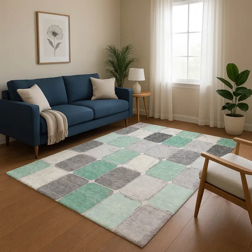 Mint Green Ivory And Gray Geometric Washable Area Rug With UV Protection Photo 5