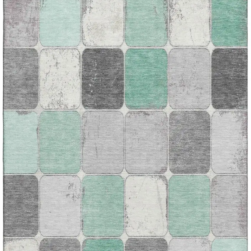 Mint Green Ivory And Gray Geometric Washable Area Rug With UV Protection Photo 4