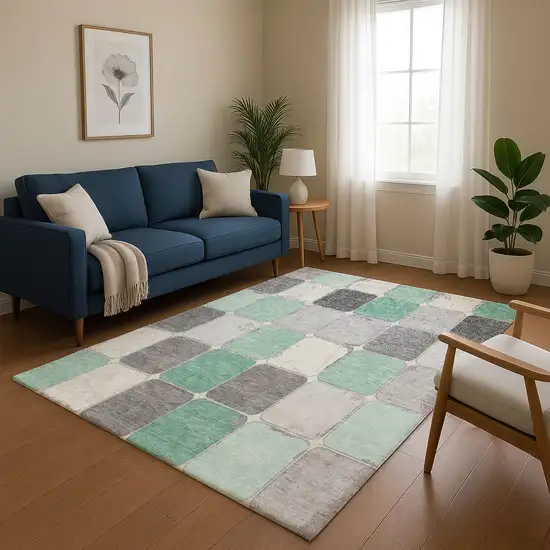 Mint Green Ivory And Gray Geometric Washable Area Rug With UV Protection Photo 5