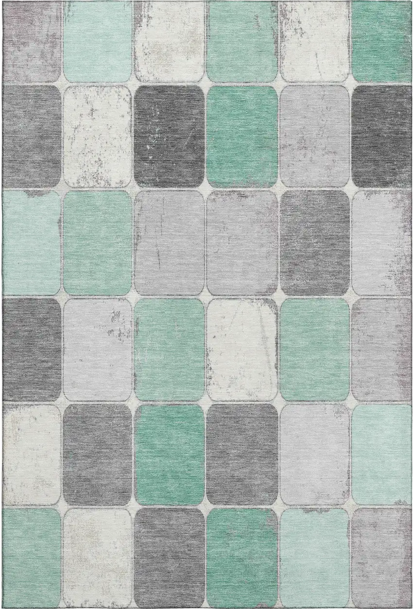 Mint Green Ivory And Gray Geometric Washable Area Rug With UV Protection Photo 2