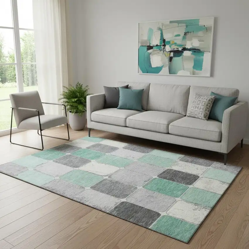 Mint Green Ivory And Gray Geometric Washable Area Rug With UV Protection Photo 2