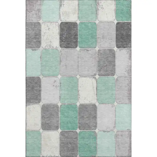 Mint Green Ivory And Gray Geometric Washable Area Rug With UV Protection Photo 1
