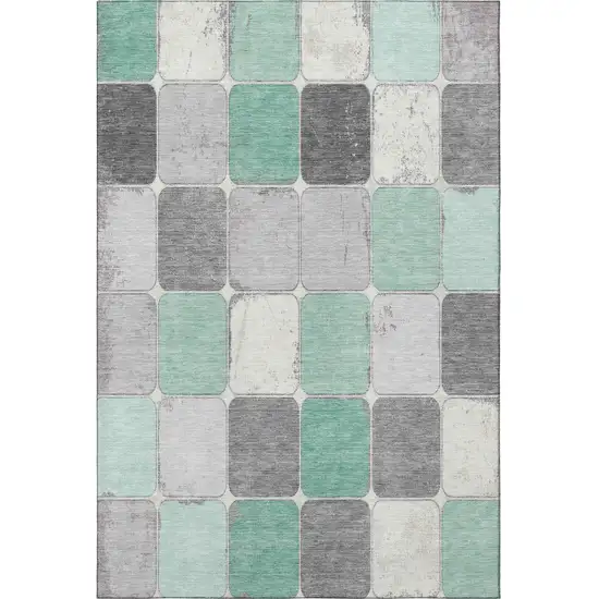 Mint Green Ivory And Gray Geometric Washable Area Rug With UV Protection Photo 3