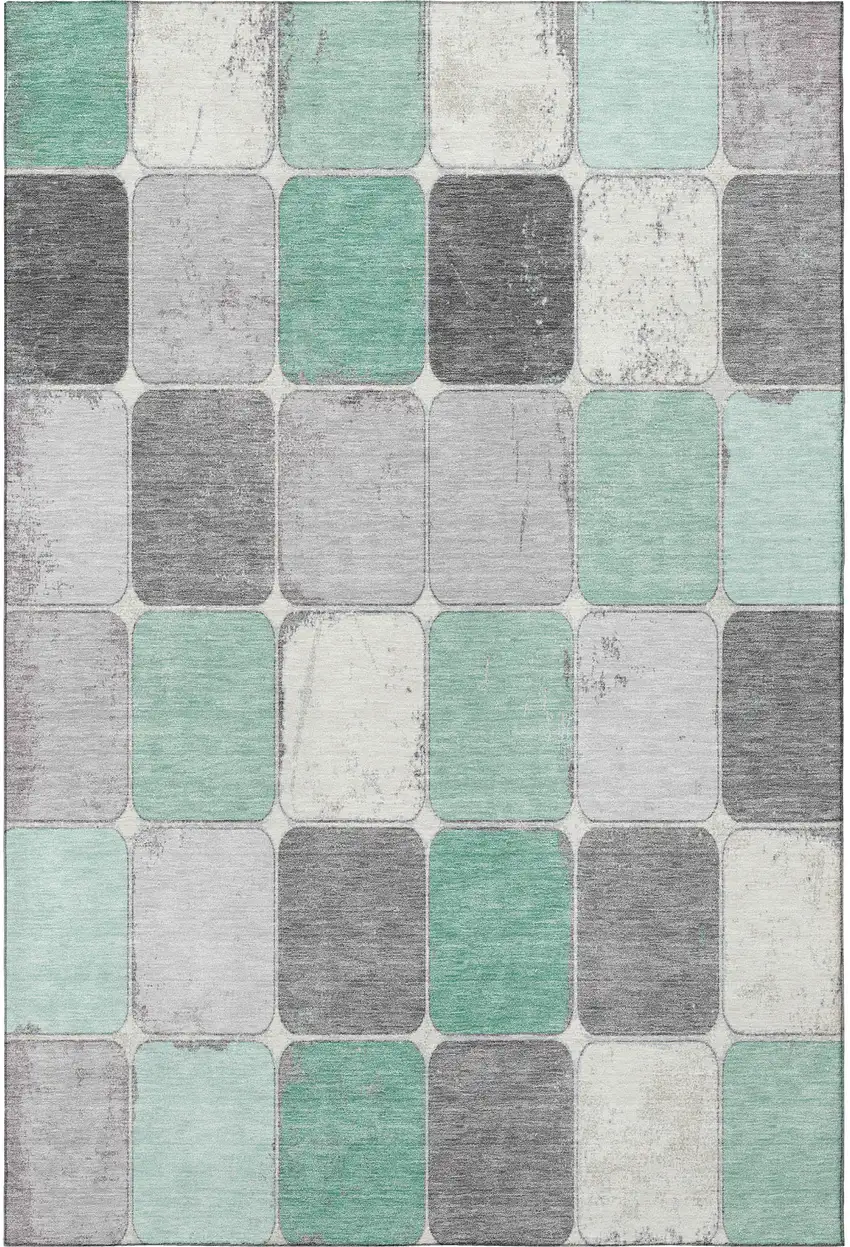 Mint Green Ivory And Gray Geometric Washable Area Rug With UV Protection Photo 3