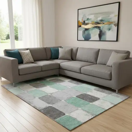 Mint Green Ivory And Gray Geometric Washable Area Rug With UV Protection Photo 2
