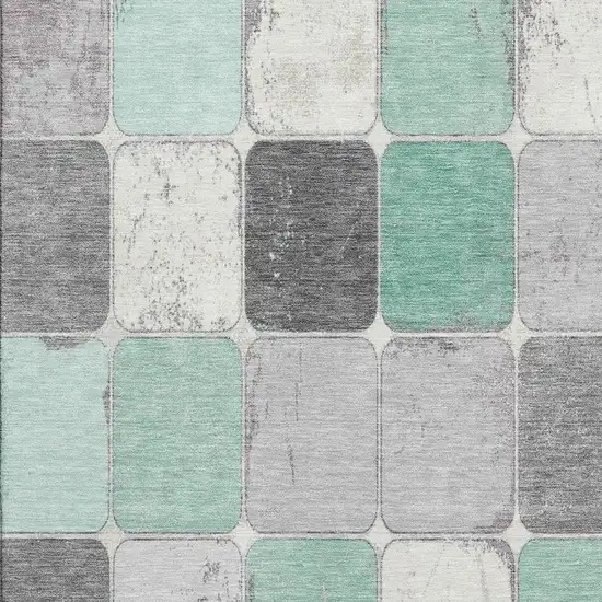 Mint Green Ivory And Gray Geometric Washable Area Rug With UV Protection Photo 3