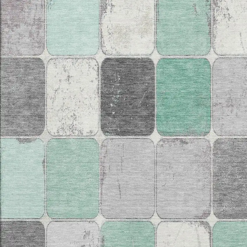 Mint Green Ivory And Gray Geometric Washable Area Rug With UV Protection Photo 3