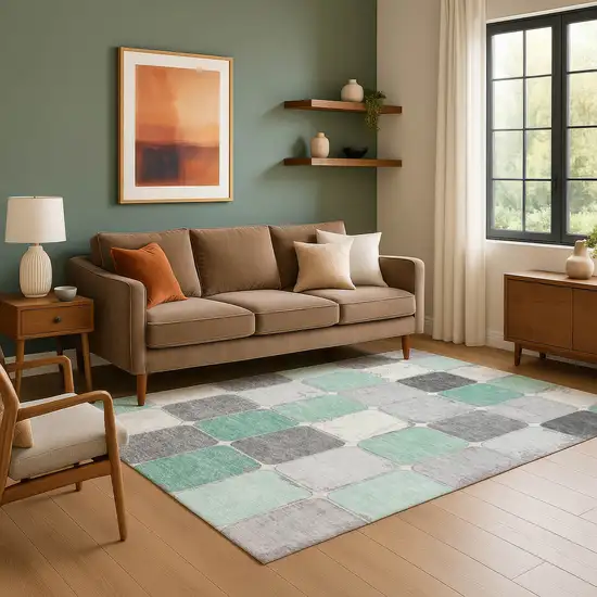 Mint Green Ivory And Gray Geometric Washable Area Rug With UV Protection Photo 6
