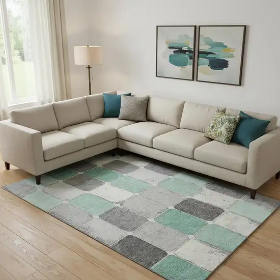 Mint Green Ivory And Gray Geometric Washable Area Rug With UV Protection Photo 2