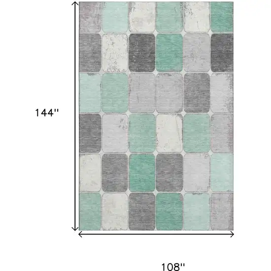 Mint Green Ivory And Gray Geometric Washable Area Rug With UV Protection Photo 9