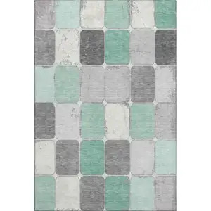 Photo of Mint Green Ivory And Gray Geometric Washable Area Rug With UV Protection