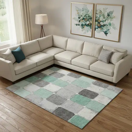 Mint Green Ivory And Gray Geometric Washable Area Rug With UV Protection Photo 2