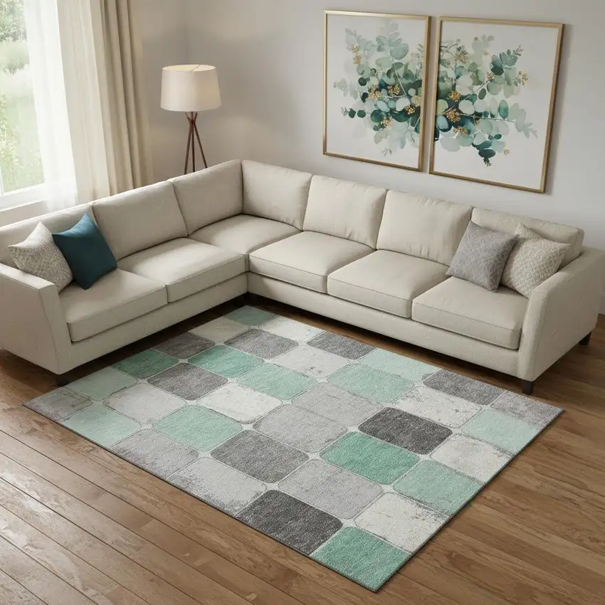 Mint Green Ivory And Gray Geometric Washable Area Rug With UV Protection Photo 2