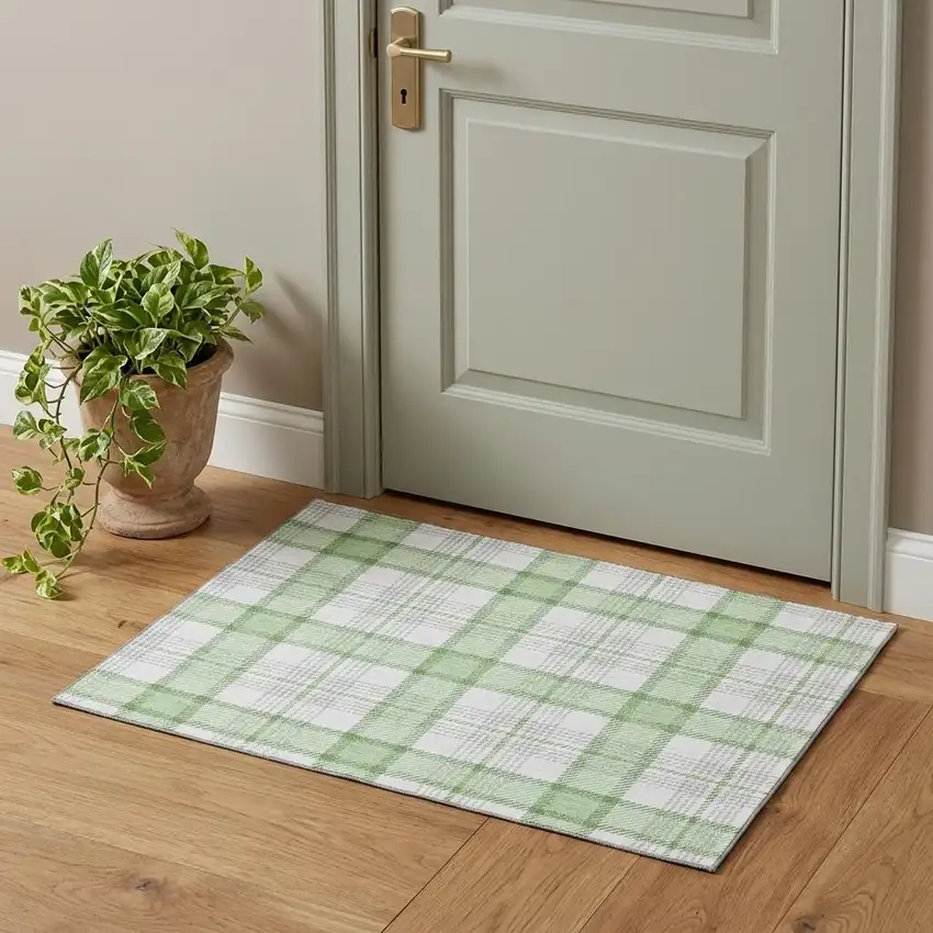 Mint Green Ivory And Gray Plaid Washable Area Rug With UV Protection Photo 1