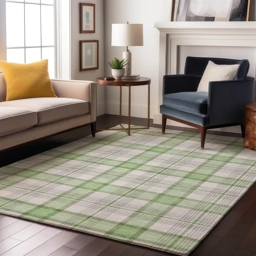 Mint Green Ivory And Gray Plaid Washable Area Rug With UV Protection Photo 4