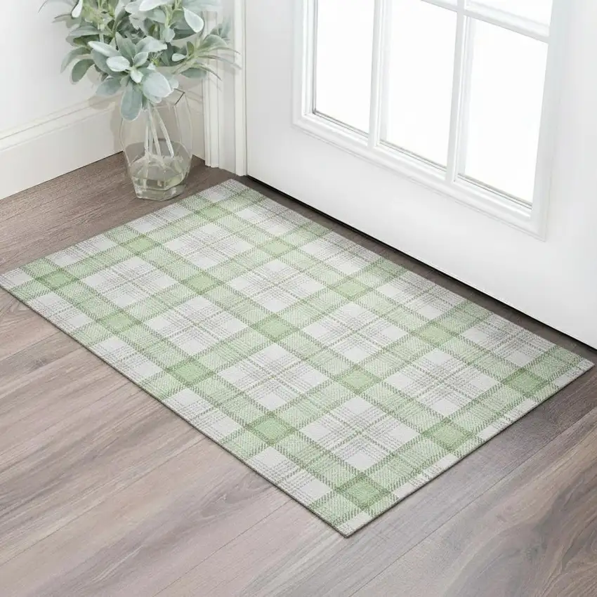 Mint Green Ivory And Gray Plaid Washable Area Rug With UV Protection Photo 2