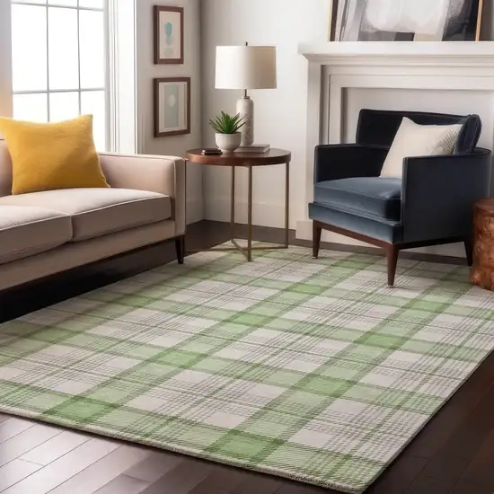Mint Green Ivory And Gray Plaid Washable Area Rug With UV Protection Photo 4