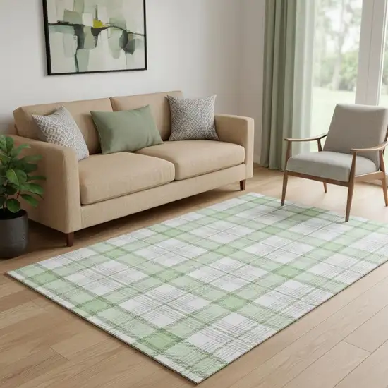 Mint Green Ivory And Gray Plaid Washable Area Rug With UV Protection Photo 2