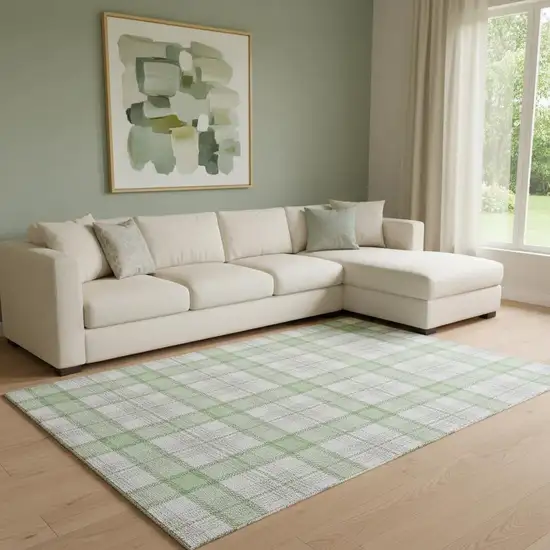 Mint Green Ivory And Gray Plaid Washable Area Rug With UV Protection Photo 2