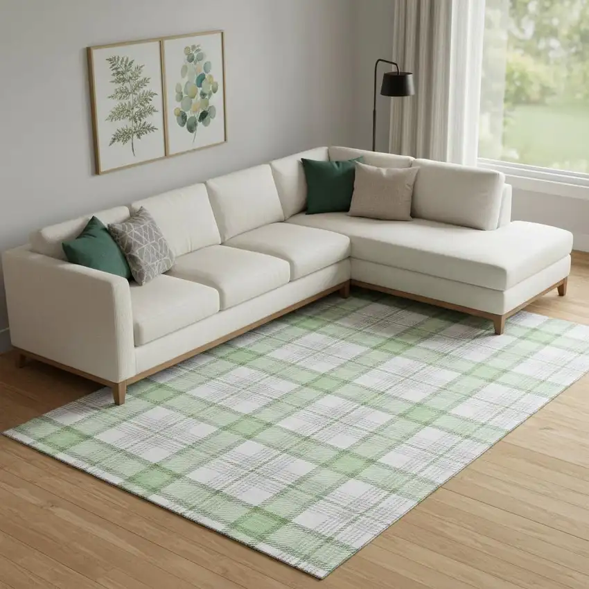 Mint Green Ivory And Gray Plaid Washable Area Rug With UV Protection Photo 2