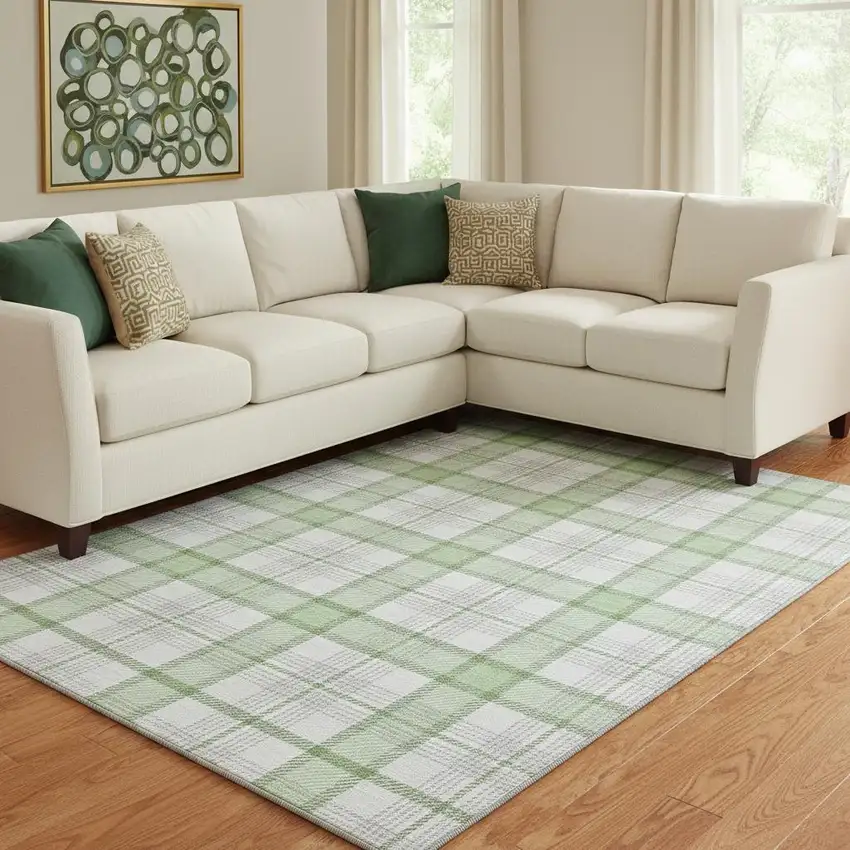 Mint Green Ivory And Gray Plaid Washable Area Rug With UV Protection Photo 2
