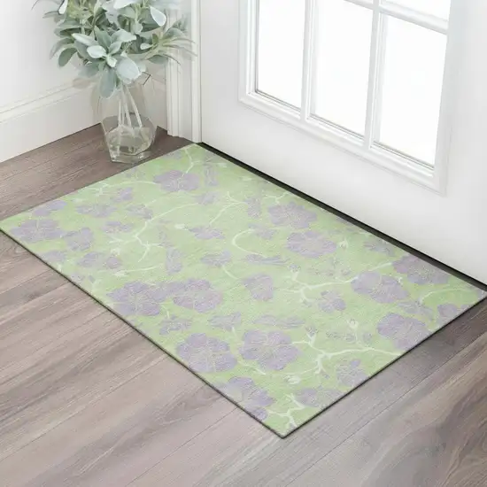 Mint Green Ivory And Lavender Floral Washable Area Rug With UV Protection Photo 2
