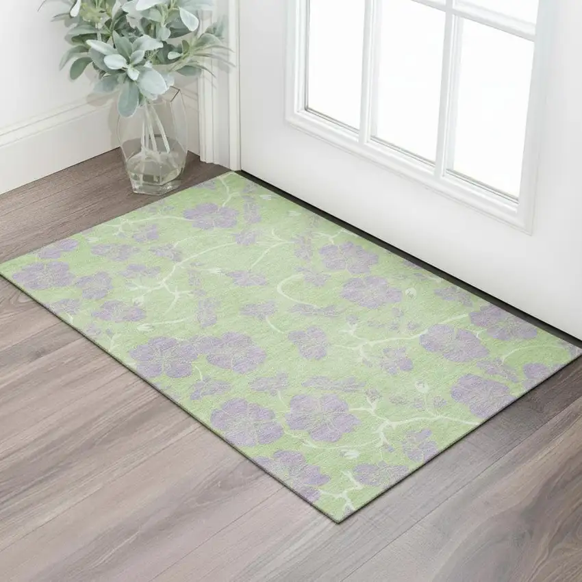 Mint Green Ivory And Lavender Floral Washable Area Rug With UV Protection Photo 2