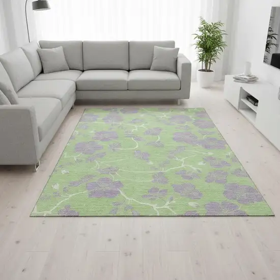 Mint Green Ivory And Lavender Floral Washable Area Rug With UV Protection Photo 2
