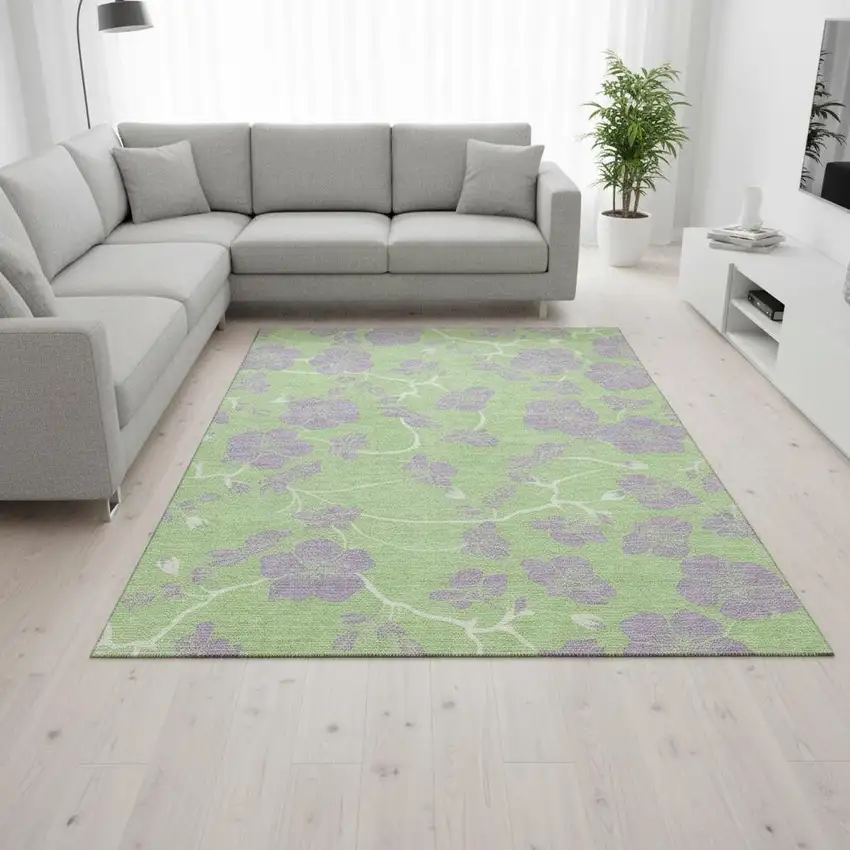 Mint Green Ivory And Lavender Floral Washable Area Rug With UV Protection Photo 2