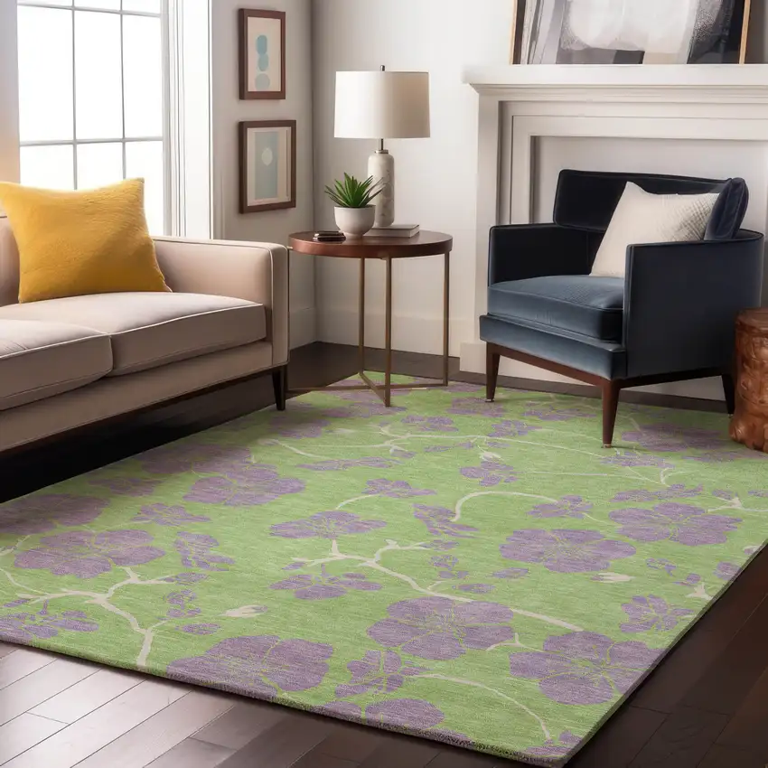 Mint Green Ivory And Lavender Floral Washable Area Rug With UV Protection Photo 4
